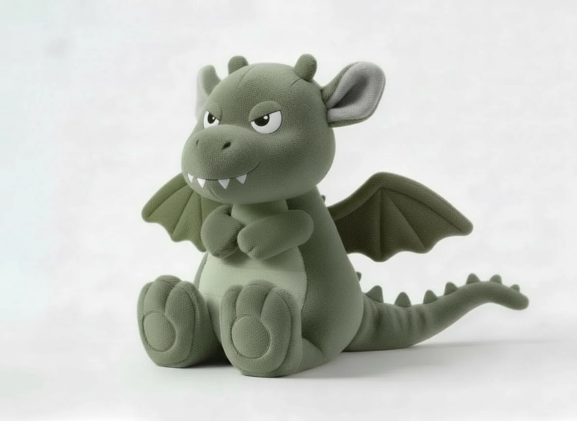 Ember, a sage-green plush young dragon with small wings, sitting with arms crossed and a cheeky smile